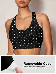 Dewbera Dewbera Women's Polka Dot Print Back Cutout Daily Fitness Sports Bra - Black and White - View 7