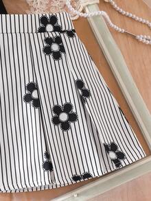 Elladie kids Mädchen Frühling/Sommer Schwarz gestricktes Rundhals T-Shirt mit Rüschenärmeln und gestreifter Vorderseite & Schwarz gewebter einfarbiger Rock mit halber elastischer Taille und 2 Schleifen-Dekor 2 Stücke Set, geeignet für Frühling/Sommer Alltagskleidung, Reisen, Urlaub, Party - Schwarz - Übersicht 8