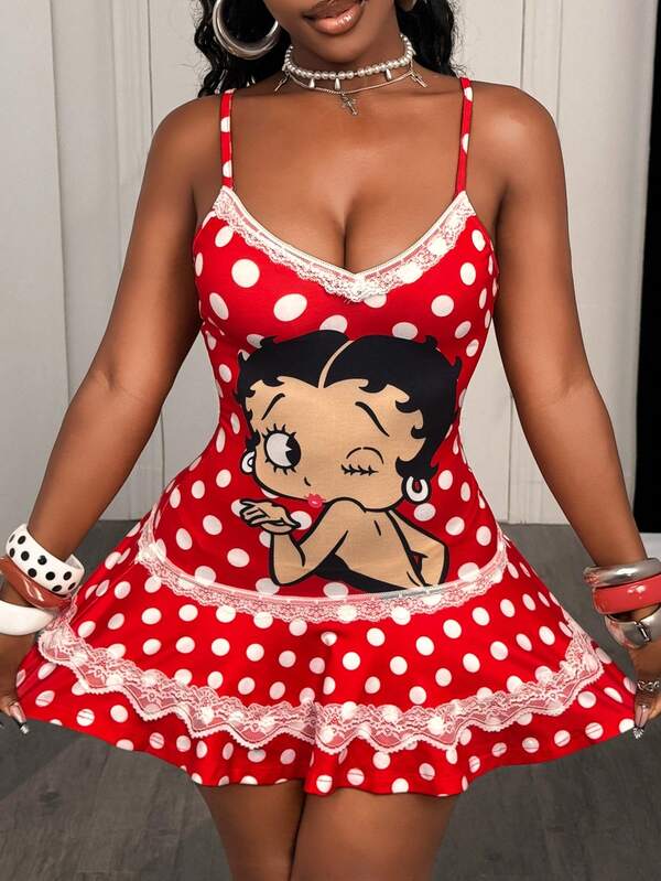 BamGleam Betty Boop x SHEIN Women's Lace Patchwork Polka Dot Cartoon Print Sexy Date Cami Dress