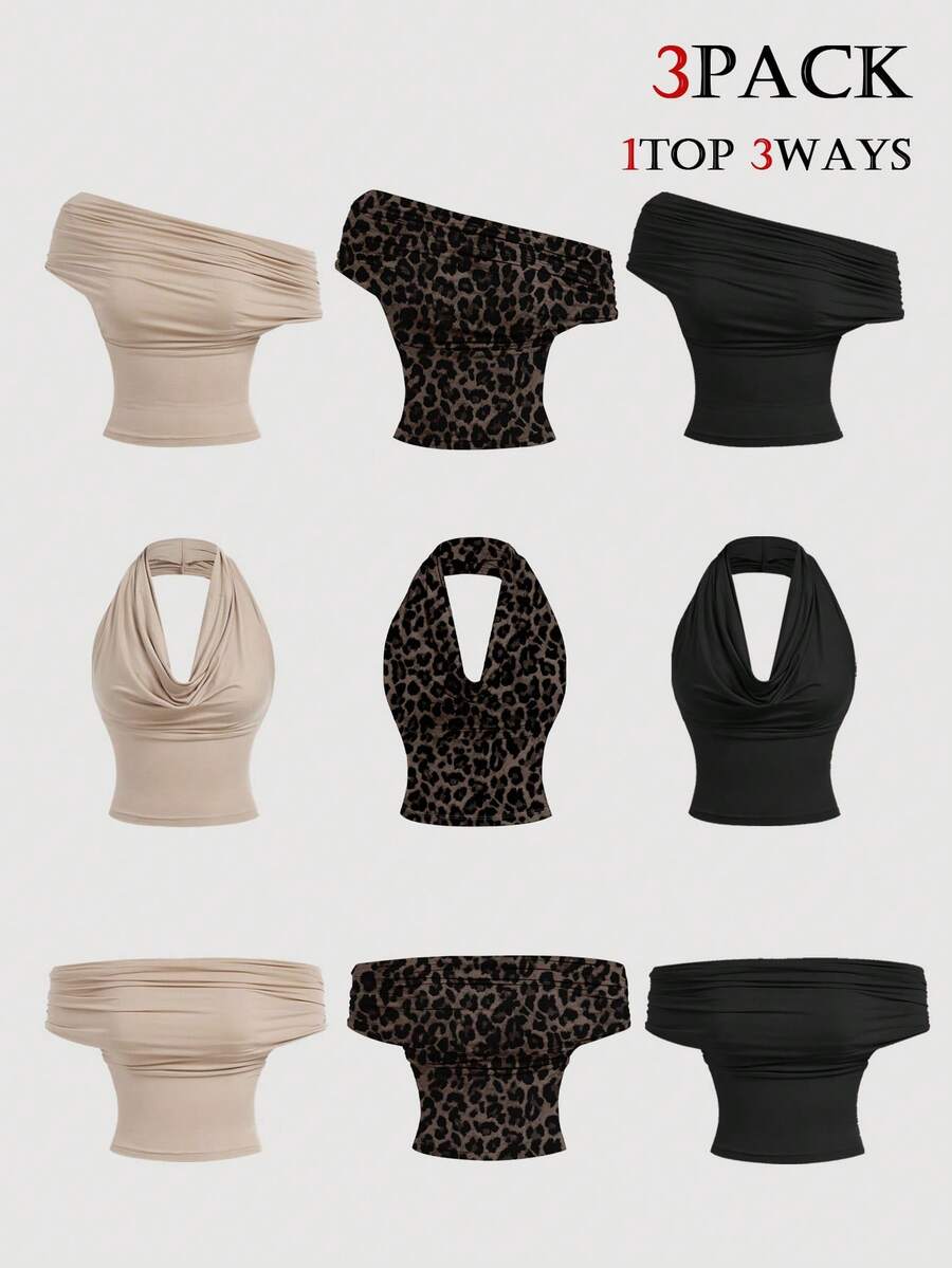 SHEIN MOD 3PCS Women's 3pk Sleeveless Tops-Beach/Vacation/Travel; Off/One-Shoulder; Apricot/Leopard/Black; School - Multicolor - View 1