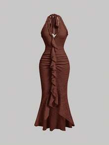 SHEIN MOD Ruffled Fitted Ruched Bow Tie Halter Neck Mesh Dress Graduation Beach Dress - Coffee Brown - View 2