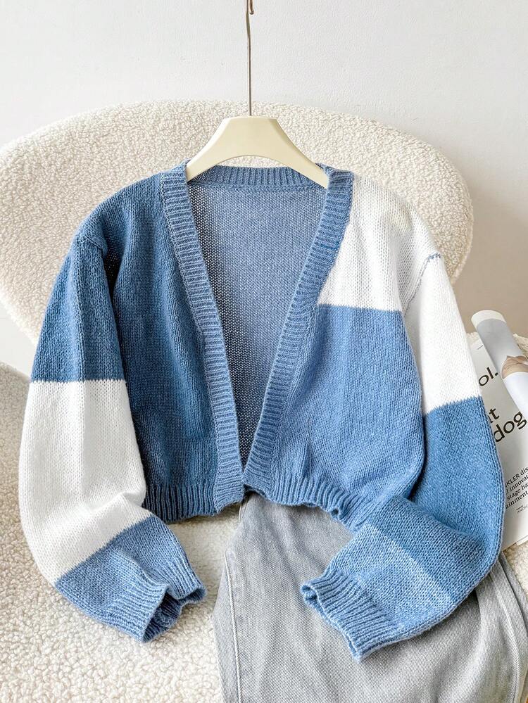 Tween Girl Tween Girl Colorblock Knit V-Neck Cover Up Sweater, Open Front Knit Cover Up, Children's Sweater - Blue - View 1