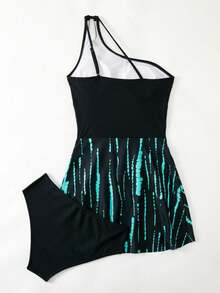 Swim Lushoire 2025新款女款單肩軟面料拼色顯瘦兩件式泳衣 - 黑色 - 查看 5