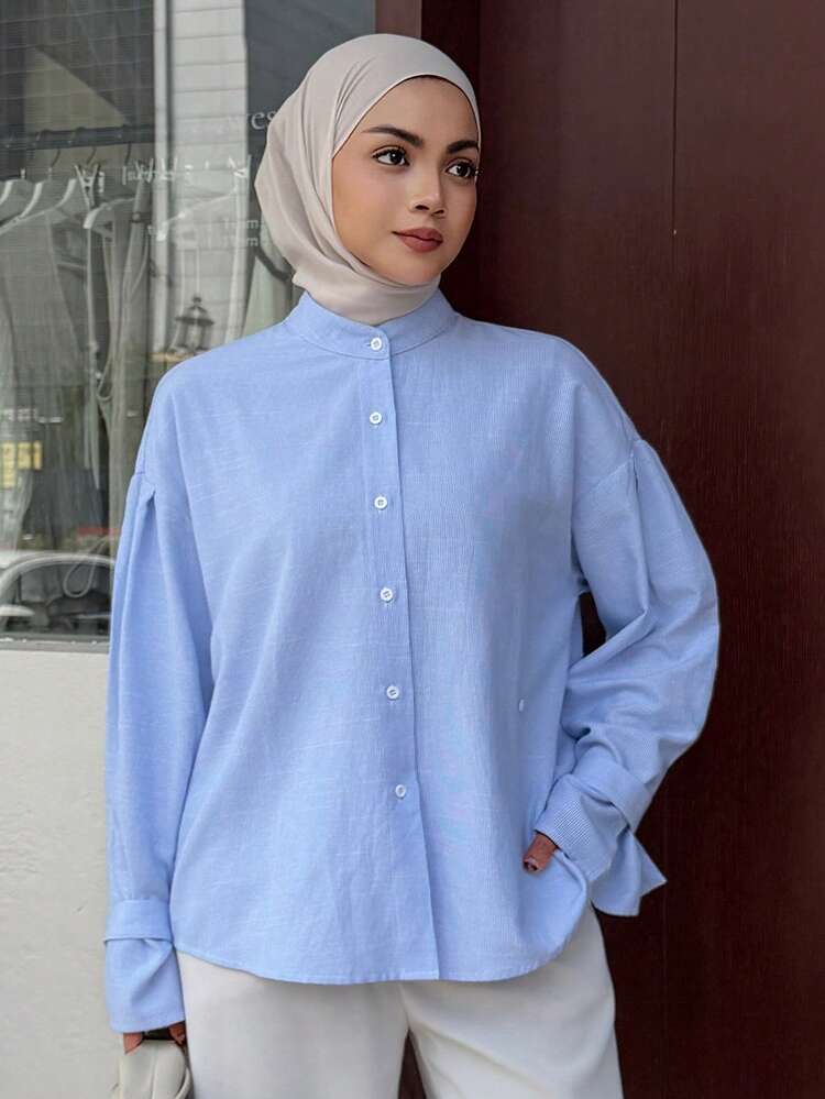 DAZY قميص نسائي كاجوال للتنقل بخطوط وياقة واقفة - الأزرق - مشاهدة 3