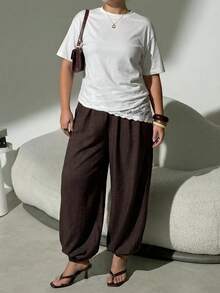 SHEIN Tall CURVE Plus Size Women's Chocolate Brown Drawstring Pants Vacation Autumn Elegant Fall Formal Casual Elegant Business Carribean - Brown - View 7