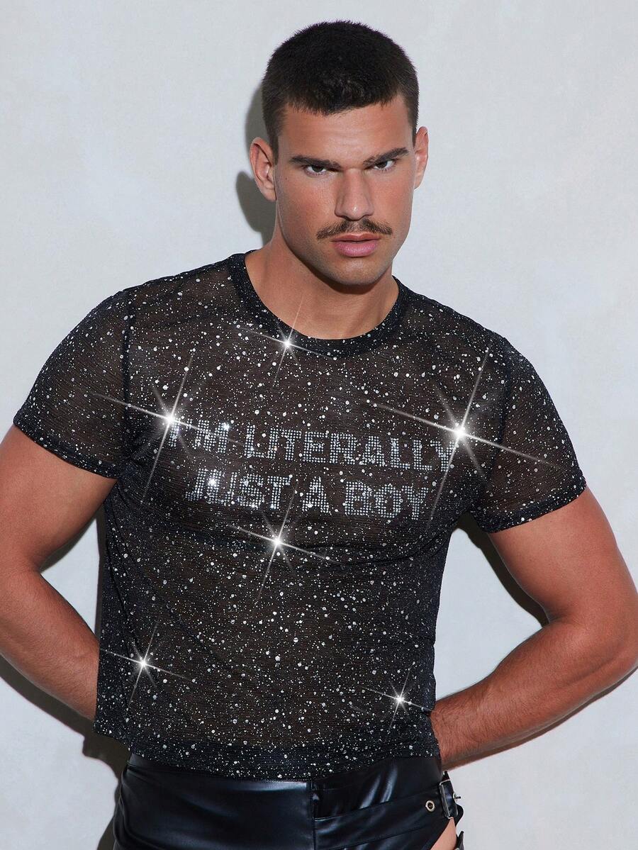 FeverCity Men's Sexy Shiny Sheer Rhinestone Decor T-Shirt - Black - View 1