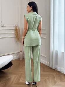 Modelyn 女士春夏竹编结优雅现代侧系腰带两件套 - 軍綠色 - 查看 2