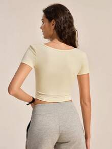 Exploreva Exploreva Women's Knit Solid Color Slim Fit Backless Casual Athleisure T-Shirt Gym Pale Yellow Summer Trail Run Outfit - Light Yellow - View 3