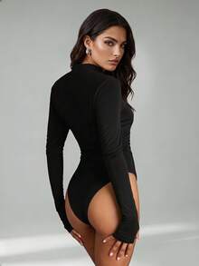 SHEIN Tall Women's Black Solid-Color Comfortable Knit Long-Sleeve Simple Pleated Fitted Jumpsuit - Black - View 2
