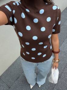 Siren Gaze Women's Brown Polka Dot Turtleneck Short-Sleeved Wool Knit Top Suitable For All Seasons World Cup Brunch Everyday Summer Casual French Retro High Tea - Brown - View 7