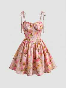 Skyraze Vestido corto de mujer con estampado floral, fruncido y con detalle de nudo delantero - Rosa - Ver 2