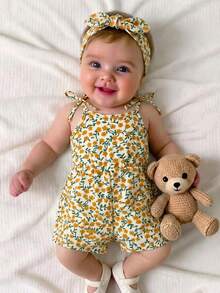 SHEIN Newborn Baby Girl Cute Summer Casual Ditsy Floral Spaghetti Strap Romper - Multicolor - View 1