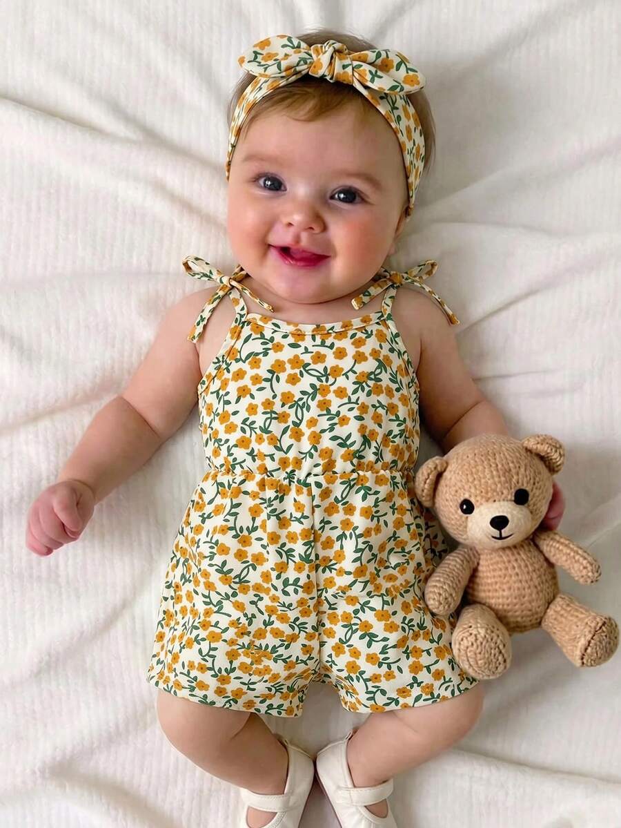 SHEIN Newborn Baby Girl Cute Summer Casual Ditsy Floral Spaghetti Strap Romper - Multicolor - View 1