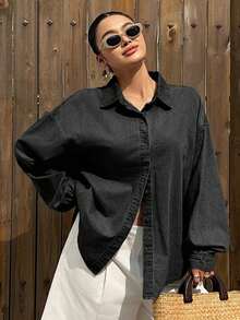 Dazy Plus Plus Size Light Blue Washed Loose Fit Denim Shirt With Back Slit And Tie Design, Casual Commute Style, Spring/Summer School - Black - View 5
