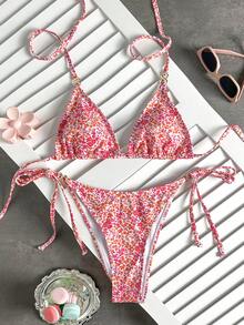 Swim Vcay Women's Summer Beach Holiday Halter Tie Backless Sexy Bikini Set, Ditsy Floral, Women's Holiday Outfit, Beach Outfit, Women's Holiday Outfit, Metal Decoration - Hot Pink - View 4