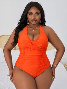 Slaydiva Plus Size Women's Solid Color Ruched Halter One-Piece Swimsuit, Suitable For Beach Vacation, Pool Party, Beach Party - Burnt Orange - View 4