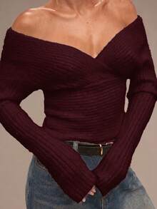 SHEIN BAE Regular Women's Solid Color Off-Shoulder Long Sleeve Fitted Fashion Sweater - Purple - View 2