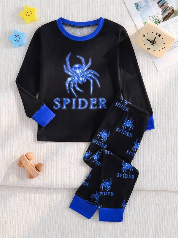 SHEIN Young Boy Glow-In-The-Dark Spider Pattern Casual Minimalist Snug Fit Comfortable Thick Long Sleeve Crew Neck Long Pants Loungewear Suitable For Autumn/Winter