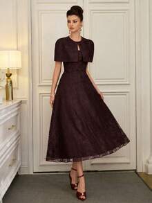 Poshira Women's Elegant Solid Color Lace Ball Gown - Brown - View 7
