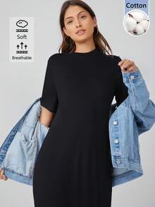 SHEIN BASICS 女款純色休閒基礎款派對日常居家度假旅行日間長洋裝，黑色，夏季 - 黑色 - 查看 5