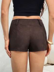 SHEIN Tall 女款純色前拉鍊休閒短褲，超短褲 - 咖啡棕 - 查看 2