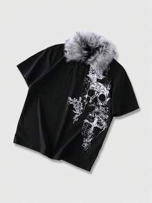ROMWE MEN Goth 男士毛絨拼接骷髏印花休閒百搭短袖 Polo 衫 - 黑色 - 查看 1