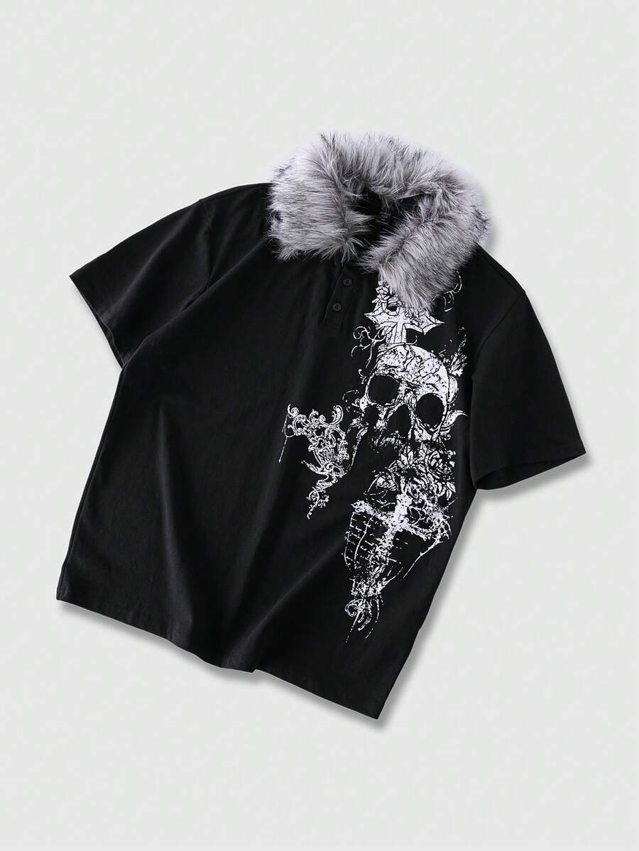 ROMWE MEN Goth 男士毛絨拼接骷髏印花休閒百搭短袖 Polo 衫 - 黑色 - 查看 1
