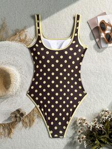 SHEIN Swim Women's One-Piece Swimsuit With Floral And Plaid Print, Slimming Flattering Fit, Summer Holiday Beach Pool Party Brown Polka Dot Retro Vintage 70s - Multicolor - View 2