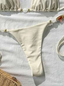 Swim Mod Women's Solid Color Halter Neck Metal Decor Sexy Bikini Set, Spring/Summer - Apricot - View 5