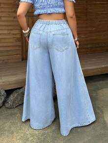 Sunnyshic Women's Plus Size Light Blue Wide Leg Jeans, Casual Pleated Design, Slimming High Waist Loose Drape Floor Length Pants - Light Wash - View 2