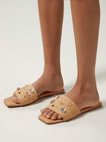 SHUZIA Women's Rhinestone Decor Fashion Flat Slide Sandals - Maroon - View 2