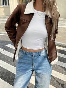 Serisse 女款撞色拉鍊翻領時尚百搭日常休閒長袖夾克 - 棕色 - 查看 3