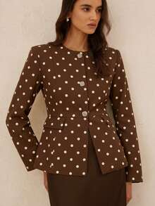 BELROSIE French Elegant Lady Commuter Versatile Polka Dot Exquisite Rhinestone Button Cinched Cinched Waist Long Sleeve Fitted Women's Blazer - Coffee Brown - View 5
