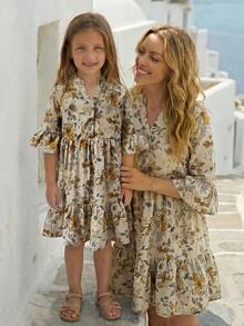 Emery Rose Kids Emery Rose Kids 女童編織立領花卉休閒洋裝 - 卡其色 - 查看 8