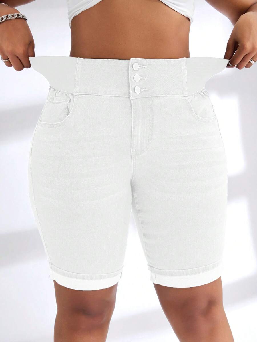 SHEIN SXY Plus Size Denim Wide Waistband Elastic Shorts - White - View 1