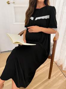 Moonlight&Mama Contrast Color Lace Patchwork Ruched Design Small Round Neck Opening Maternity Nightgown Dress - Black - View 4