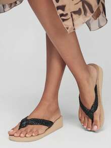 Grefit Damen Flip-Flops, strohgewebte Keilabsatz-Plateau-Pantoletten, Bohemian-Stil gewebte Lässig-Pantoletten, und bequeme Strand-Urlaubssandalen - Schwarz - Übersicht 10