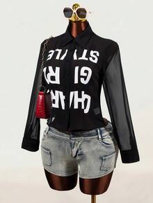 BamGleam Women's Letter Print Casual Versatile Daily Long Sleeve Shirt Night Out Black And White Summer - Black and White - View 7