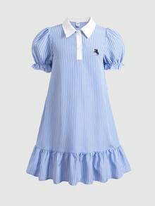SHEIN 1件青少年女孩學院風拼接洋裝，配有清新白色領口與袖口，下擺條紋百褶裙與上身相呼應，整體風格清新年輕，適合日常通勤或休閒外出 - 藍色 - 查看 5
