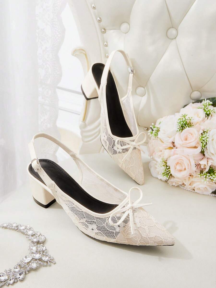 CUCCOO HITCHD Spring And Summer Women's Thick Heel Slingback Versatile Mesh High Heels Mules Shoes Bow Commuting Elegant Fashion Wear - Apricot - View 1