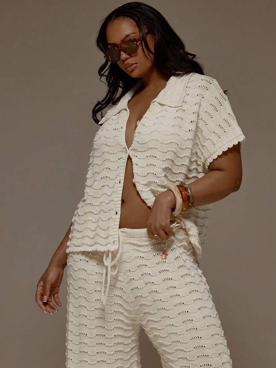 MUSERA Plus Size Crochet Knit Patterned Collared Button Through Short Sleeve Top Spring Summer Vacation Beach Holiday Cover Up Cute Fall - Cream - View 1