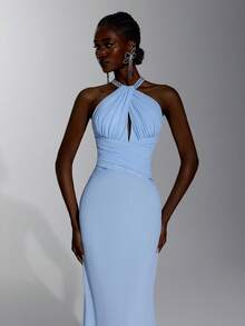 Elitara Elegant Formal Light Blue Chiffon Backless Halter Neck Ribbon Decoration Rhinestone Mermaid Skirt Party Night Evening Wedding Guest Dress Winter - Baby Blue - View 7