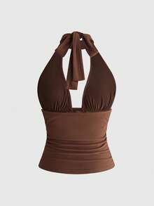 ROMWE Hippie Women's 2 Pieces Vintage Embroidered Knit Brown Halter Neck Set - Brown - View 6