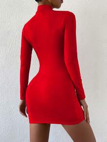 SHEIN Unity Mock Neck Solid Bodycon Dress For New Year Clothes Fall Cloth For Women - Red - View 2