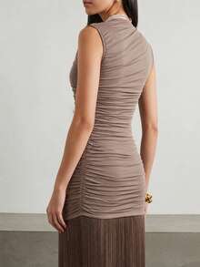 Modelyn Women's Summer Elegant Solid Color Ruched Tassel Hem Midi Dress - Coffee - View 4