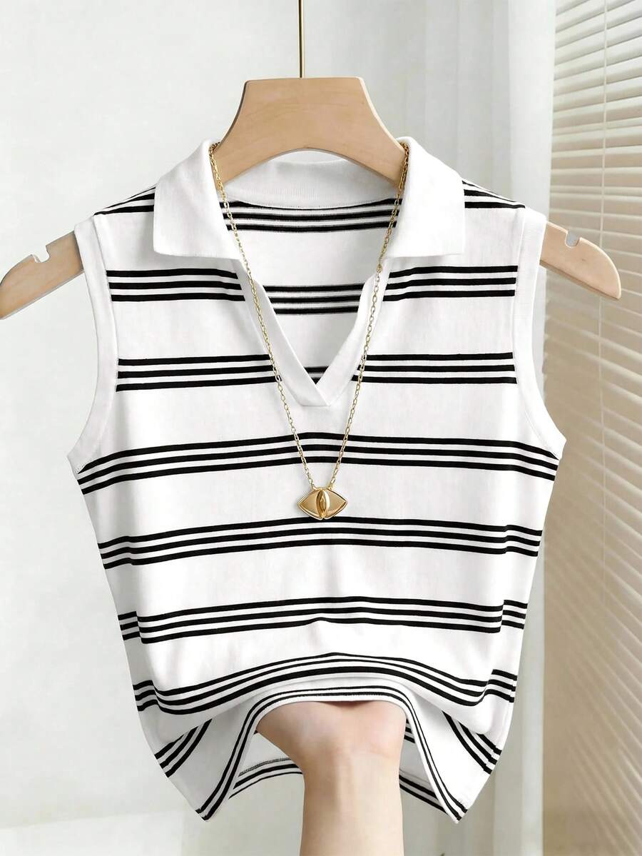 SHEIN Clasi 女款夏季休閒條紋領口背心 - 彩色 - 查看 1