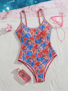 Swim Mod 夏季新款歐美風一件式性感高衩紅色幸運魚印花撞色細肩帶貝殼飾邊甜美女孩比基尼泳衣，聚攏小胸，雙肩帶，修身顯身材，適合溫泉、海灘、度假、生日派對 - 彩色 - 查看 3