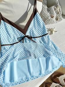 Comfortcana Spring Summer Light Blue Colorblock Patchwork Front Tie Bow Casual 1950s Vintage 1950s Vintage Plus Size Camisole Tank Top Date Night Vacation - Baby Blue - View 6