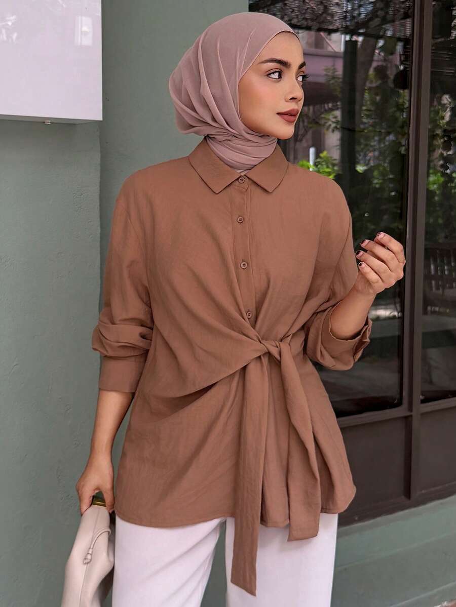 DAZY Women's Long Sleeve Brown Solid Color Fabric Button Front Tie Waist Loose Fit Long Shirt Top Summer Vacation - Watermelon Pink - View 1