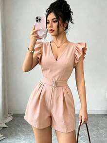 Fine & Folde جمبسوت نسائي جديد منسوج بياقة على شكل حرف V وأكمام متطايرة مزين بأزرار معدنية وخصر مشدود للارتداء اليومي والتنقل - وردي - مشاهدة 3